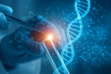 AI generated conceptual image showing gloved hands using tweezers with glowing molecular graphics DNA helix and digital overlays symbolizing advanced biotechnology and precision research