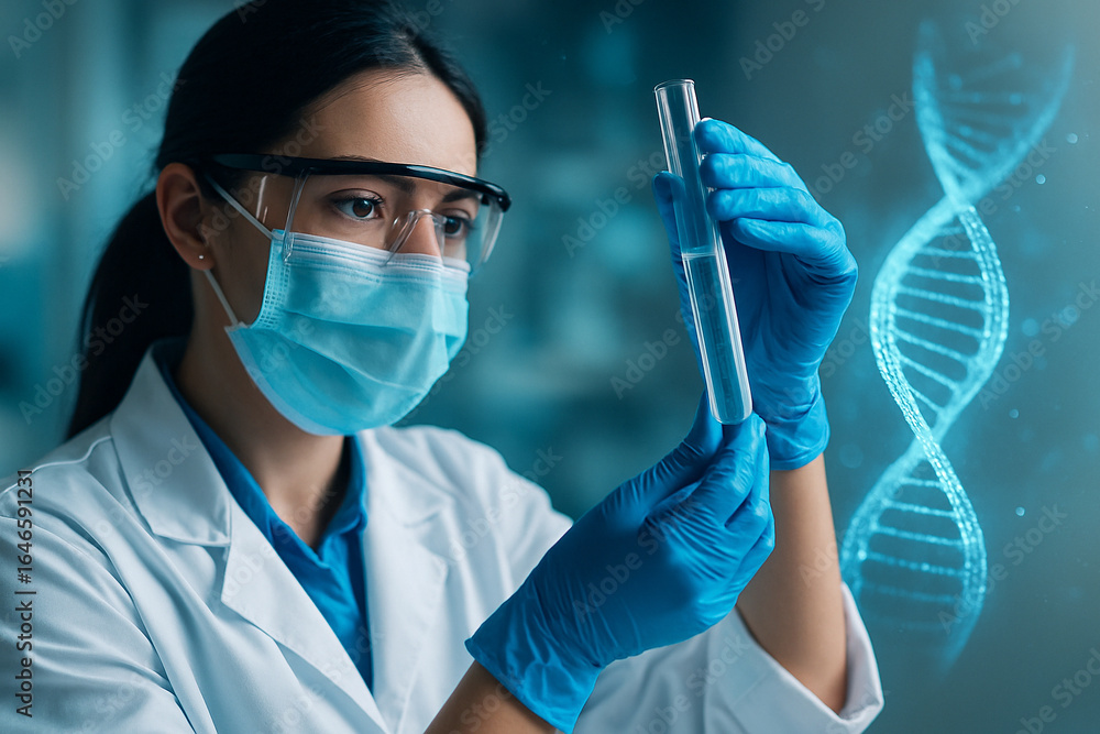Aufkleber ai generated image of a scientist in protective gear examining a test bottle with glowing dna graphi