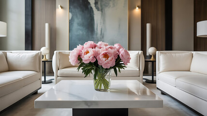 Elegant Living Room Interior with Floral Centerpiece Modern Sofas and Marble Coffee Table Creates a Serene Ambiance