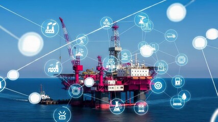 An advanced offshore oil rig connected by a digital network of industry icons, symbolizing smart technology and automation in the energy sector - Powered by Adobe