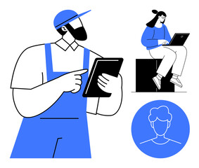 Worker in uniform checking tablet, woman typing on laptop, and circular user profile graphic. Ideal for technology, communication, professionals, digital profiles, remote work, apps creative design