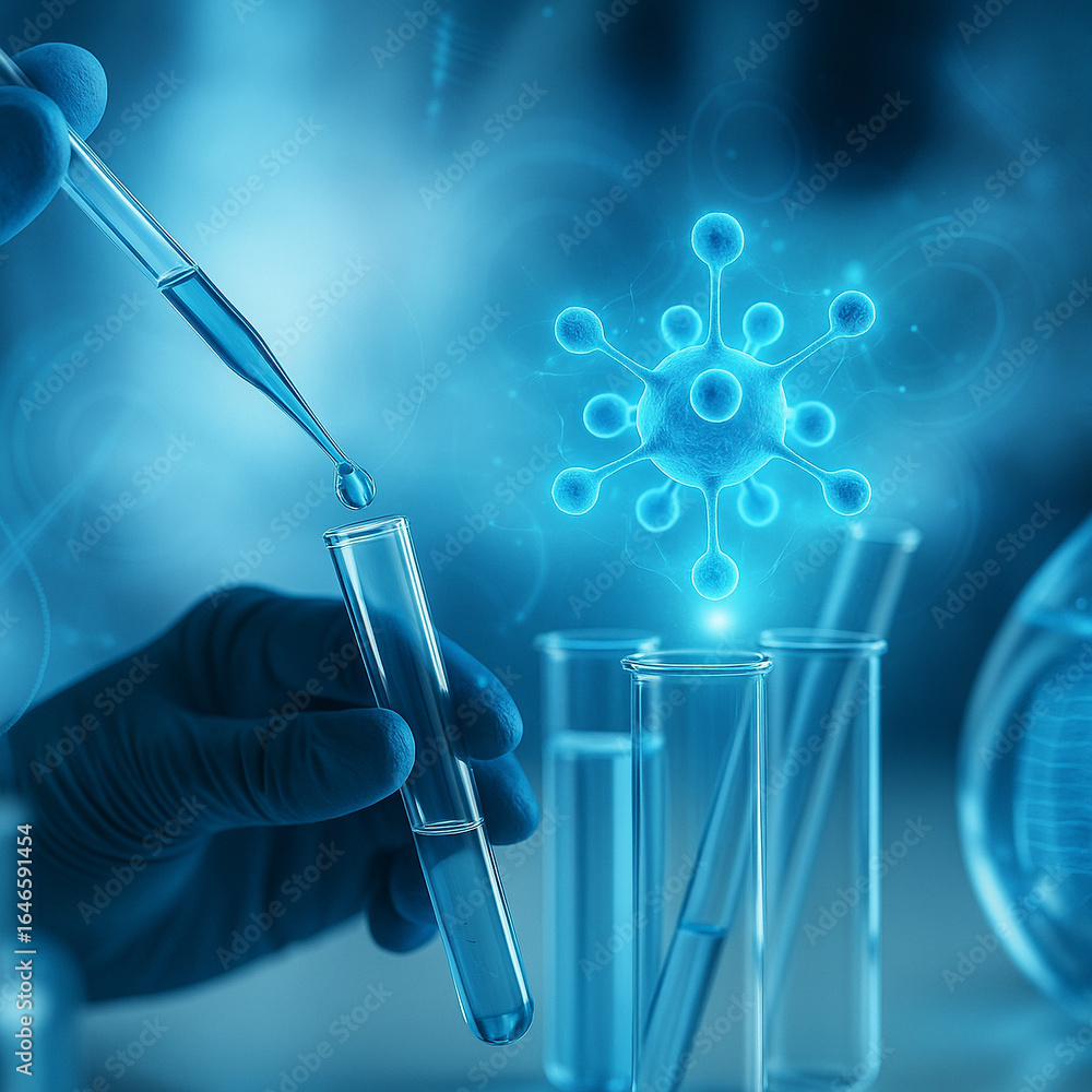 Aufkleber ai generated scientist hand using pipette to drop liquid into test tubes with glowing molecular stru