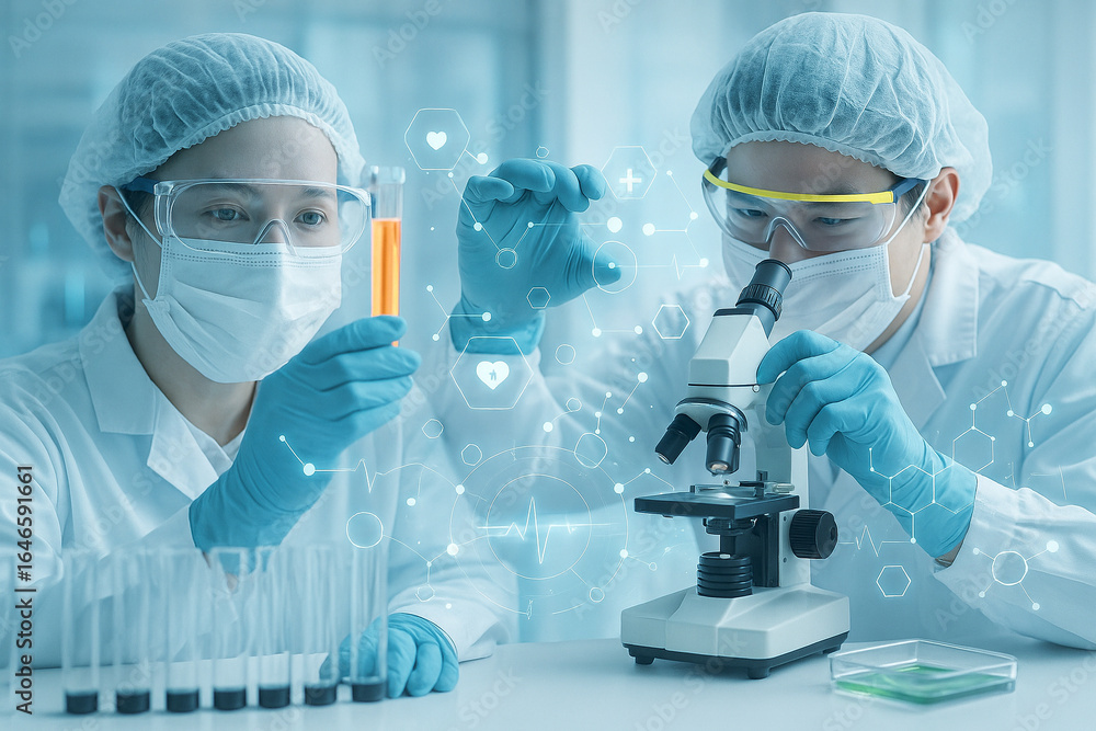 Poster ai generated scientists in protective gear working in a laboratory with digital molecular graphics a