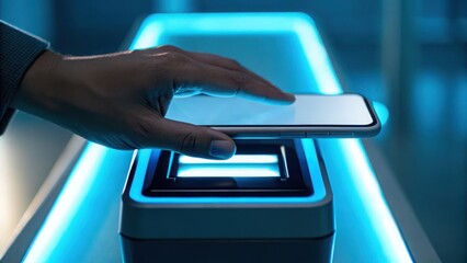 Close-Up of Hand Tapping Smartphone on NFC Reader with Blue Light