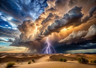 Dramatic desert storm with towering thunderheads and lightning illuminating the sandy dunes