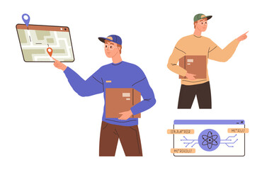 Delivery staff interacting with a digital map, holding boxes, showcasing location tracking and package management. Ideal for delivery service, logistics, e-commerce, technology, navigation, map
