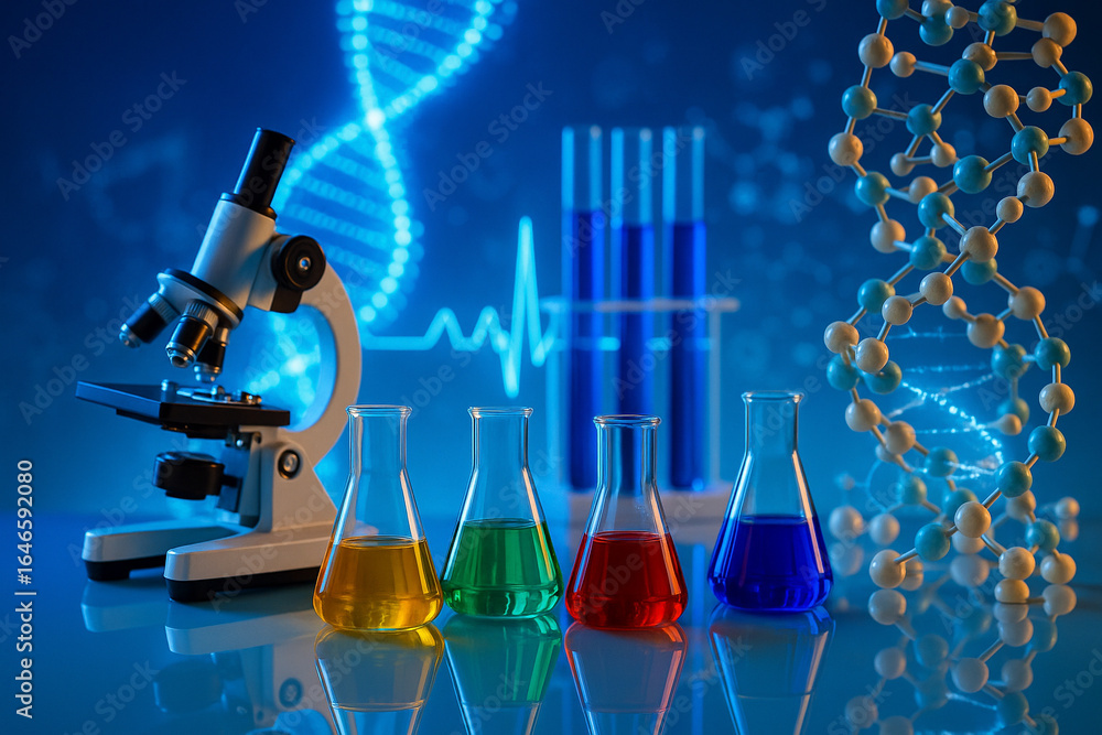Aufkleber ai generated image of a laboratory scene featuring colorful chemical solutions in glass flasks with 