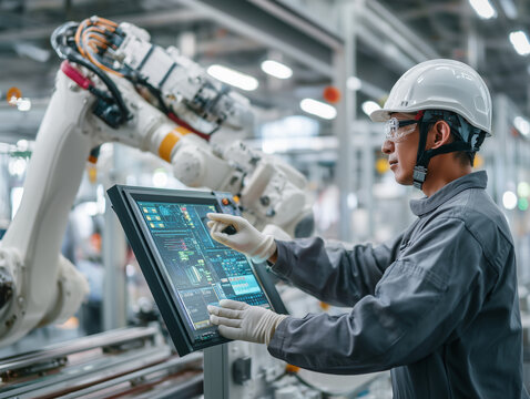 Engineer Operating Industrial Robot via Touchscreen Control Panel in Smart Factory