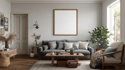 Living room interior design with a mockup photo frame.