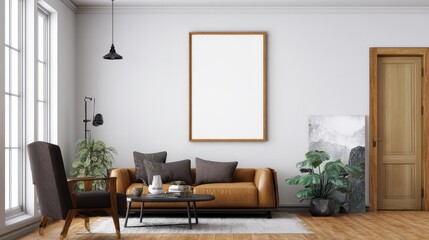 Fototapeta premium Living room interior design with a mockup photo frame.