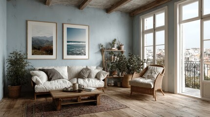 Living room interior design with a mockup photo frame.