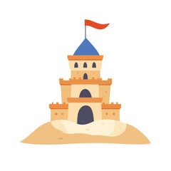 Cartoon sandcastle with blue turret and red flag on a sandy base © Illahstd