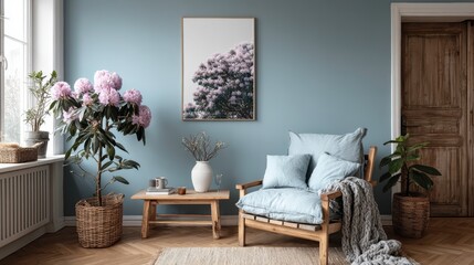 Living room interior design with a mockup photo frame.