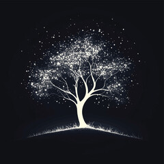 Glowing white tree standing out against dark background, vector style simple color