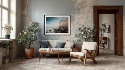 Living room interior design with a mockup photo frame.