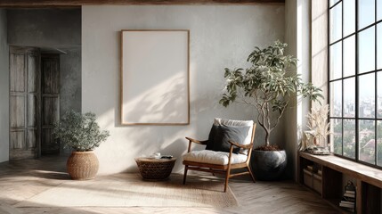 Living room interior design with a mockup photo frame.