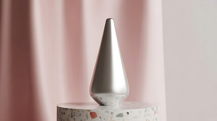 Elegant Silver Cone Sculpture Displayed on a Terrazzo Pedestal Against a Soft Pink Fabric Backdrop Minimalist Aesthetic