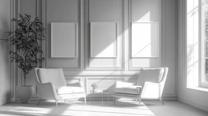 Living room interior design with a mockup photo frame.