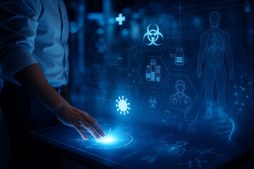 AI generated futuristic scene of a person interacting with a glowing medical digital table surrounded by holographic icons and data in a high tech science environment