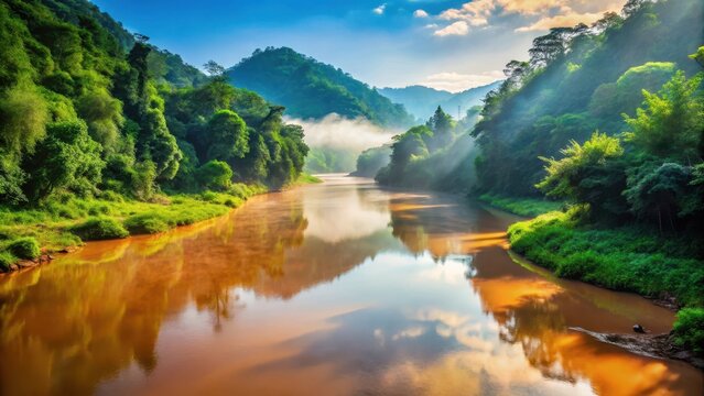 Misty river valley with lush greenery and clear blue waters alongside a polluted section with murky brown waters