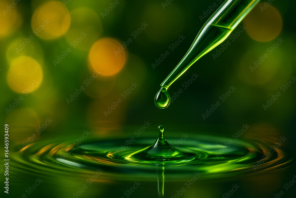 Aufkleber ai generated close up of a green droplet falling from dropper into liquid surface with ripples brigh