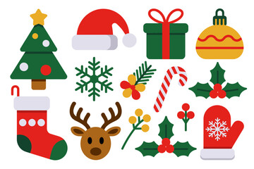Holiday icon bundle with tree santa hat snowflakes gift bell mitten and reindeer, holly accents and candy cane, winter celebration clip art, vector set