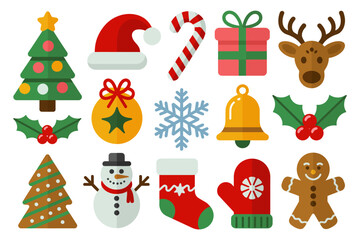 Christmas icons assortment with tree santa hat candy cane gift bell snowflake snowman stocking and gingerbread, badge and sticker elements, vector pack