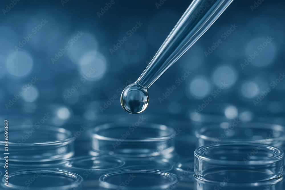 Aufkleber ai generated macro image of a transparent pipette releasing a droplet above a multiwell lab plate wi