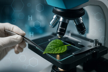 AI generated close up of scientist examining green plant leaf under microscope with molecular graphics overlay representing advanced biotechnology and innovation