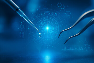 AI generated close up of pipette releasing droplet beside tweezers with digital futuristic interface and molecular graphics representing advanced science and biotechnology