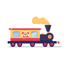 Naklejka premium Cartoon train with a teddy bear conductor emitting a cloud of smoke