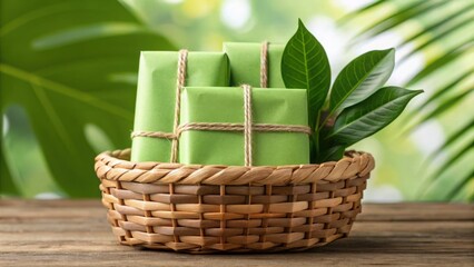 Eco Friendly Packaging in a Natural Basket with Green Elements