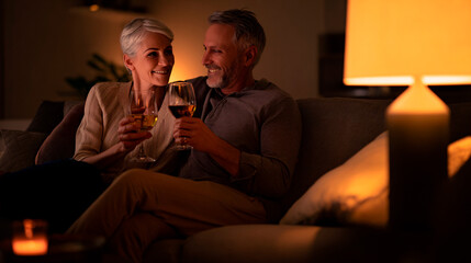 Mature couple enjoying a cozy evening with wine at home