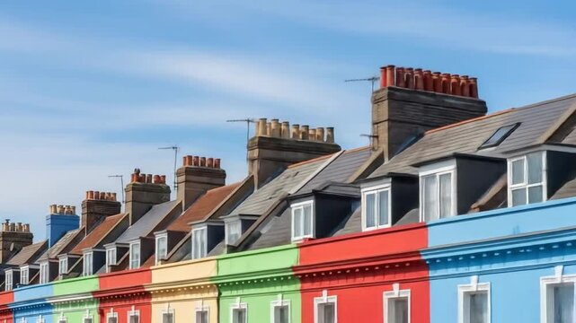 A vibrant row of colorful terraced houses with a distinctive roofline against a clear blue sky, representing community and real estate.