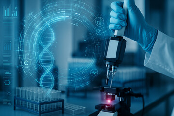 AI generated gloved hand operating lab instrument with holographic DNA interface and digital data graphics symbolizing advanced scientific research and biotechnology innovation
