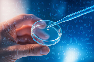 AI generated close up of pipette dropping clear liquid into petri dish held by hand with transparent chemical formulas and molecular graphics in bright blue scientific background
