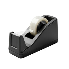 Black tape dispenser with clear adhesive roll isolated on transparent background