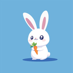 Obraz premium Cartoon White Bunny Holding a Carrot with Green Leaves Big Eyes