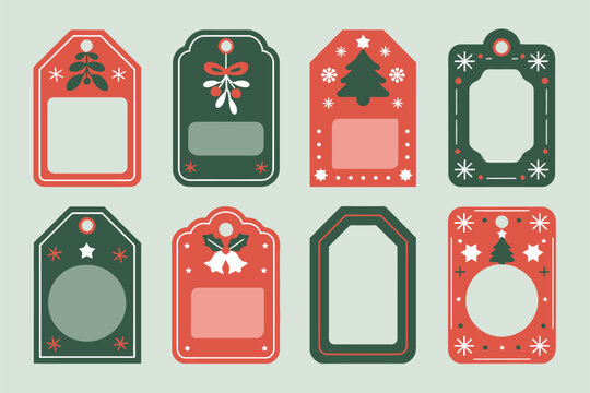 Christmas tag templates, ribbon bow and snowflake accents, green and red frames, festive label vector, printable gift wrapping set