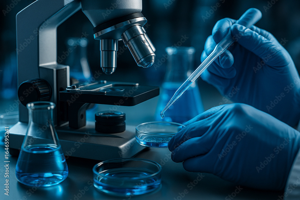 Aufkleber ai generated image of gloved hands using a pipette to transfer blue liquid into a petri dish under a