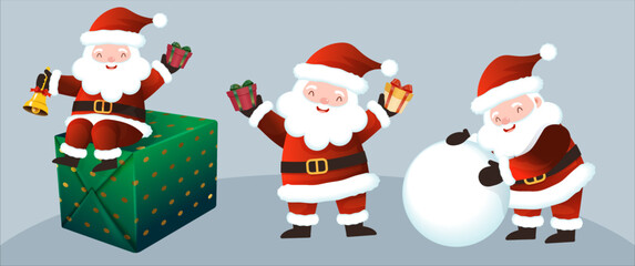 A set of Santa Claus illustrations, holding a Christmas bell and sitting on a gift, Santa Claus holding gifts and snowballs in both hands