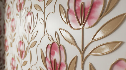 Elegant Floral Wallpaper Design with Golden Accents and Pink Blossoms Adding a Touch of Sophistication