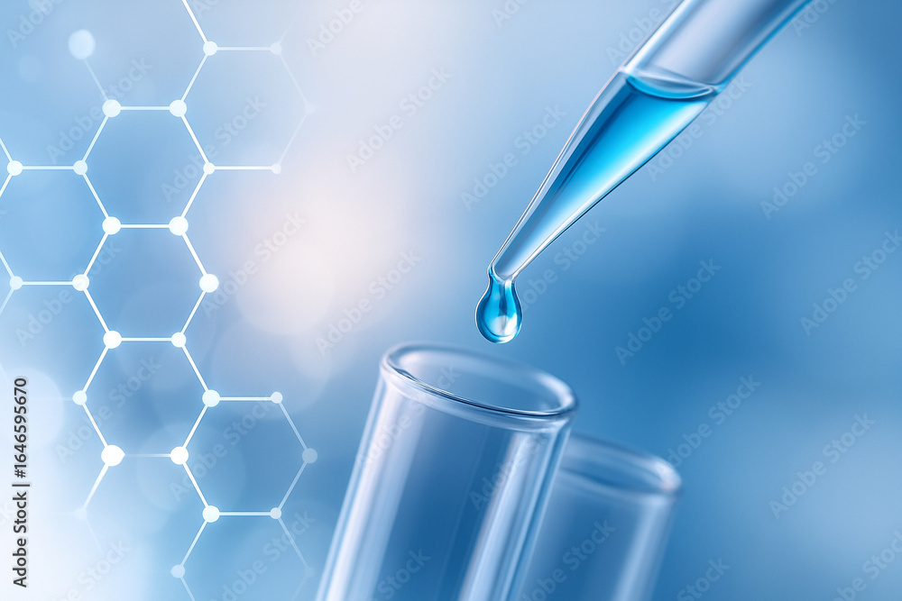 Aufkleber ai generated macro image of a pipette releasing a drop of blue liquid into a glass test tube with mo