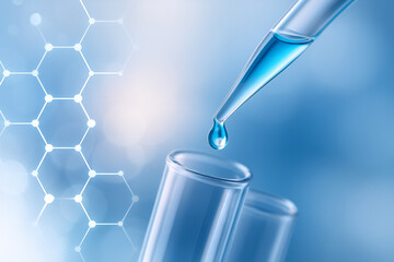 AI generated macro image of a pipette releasing a drop of blue liquid into a glass test tube with molecular structure graphics on a clean blue and white background