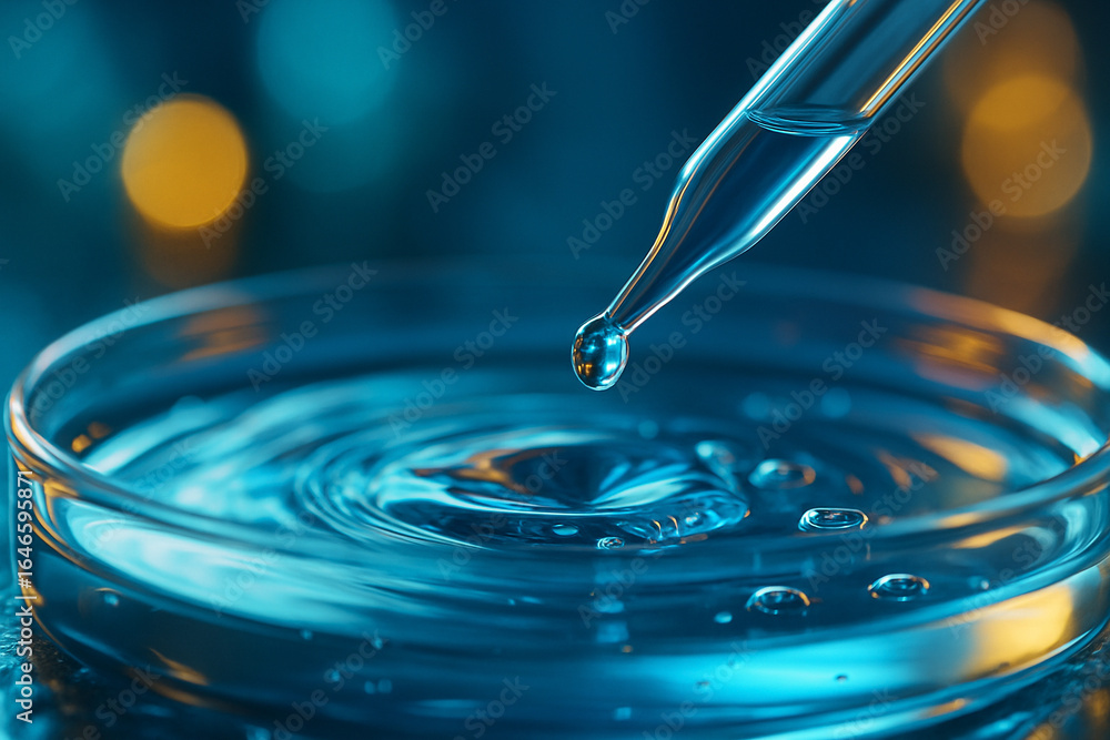 Poster ai generated macro image of a pipette releasing a droplet into a petri dish with ripples bubbles and