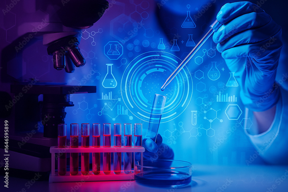 Aufkleber ai generated image of gloved hands using a pipette in a futuristic laboratory with microscope red te