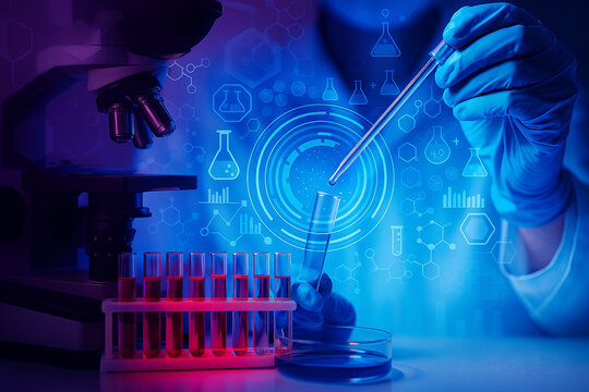 AI generated image of gloved hands using a pipette in a futuristic laboratory with microscope red test tubes molecular graphics and digital interface representing innovation and advanced research