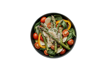 A healthy asparagus salad with cherry tomatoes and parmesan cheese isolated on transparent background