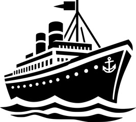 Obraz premium Minimalist black and white vector icon of a ship, clean lines, isolated on white, perfect for stickers, logos, scalable and clear at small sizes.
