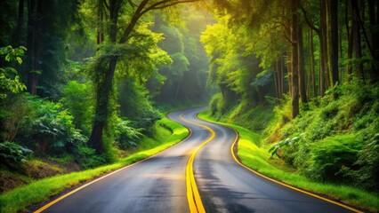 Fototapeta premium A winding stone road with a bright yellow stripe running along its center